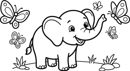 Obraz premium Halloween WiCute Baby Elephant Coloring Page - Happy Elephant with Butterflies Line Arttch Surfer Girl Silhouette - Surfing on Ocean Waves Vector