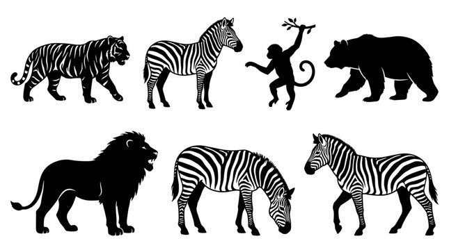 Collection of diverse wild animal silhouettes including tiger lion zebra monkey and bear
