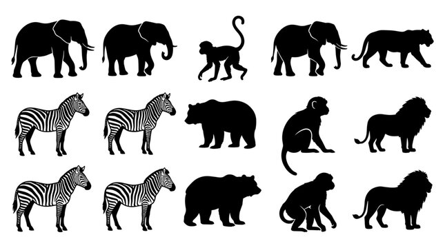 Collection of black animal silhouettes including elephants, zebras, monkeys, bears, lions, and tigers