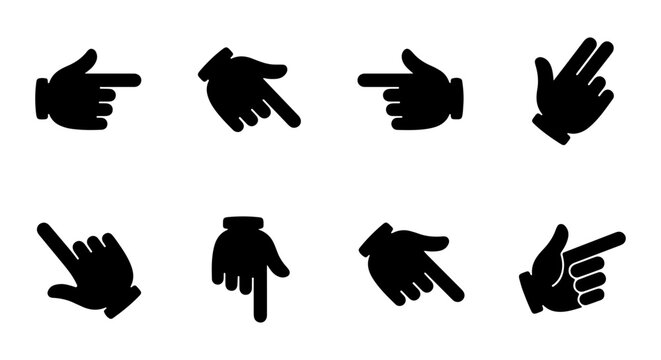 Set of 8 Black Hand Pointer Cursors, Vector Icons for Web and UI Design Navigation