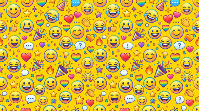 Vibrant yellow emoji pattern background with smiling faces hearts