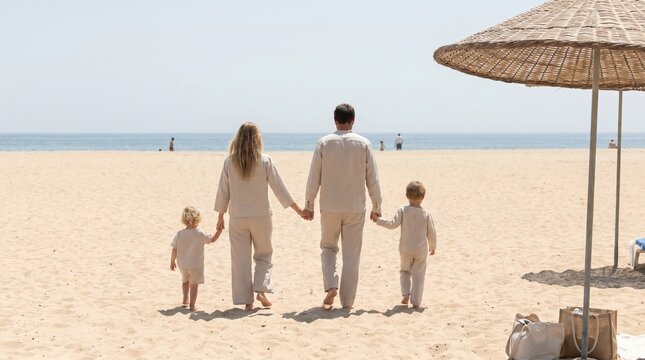 Family of four walking on beach in matching beige linen clothes, parents with two young sons enjoying summer vacation at seaside