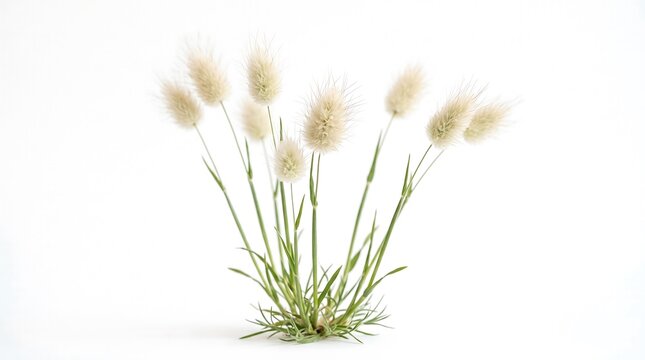 A charming rabbit tail grass (Lagurus ovatus) featuring fluffy oval cream-colored flower heads above slender green stems, isolated on pure white background