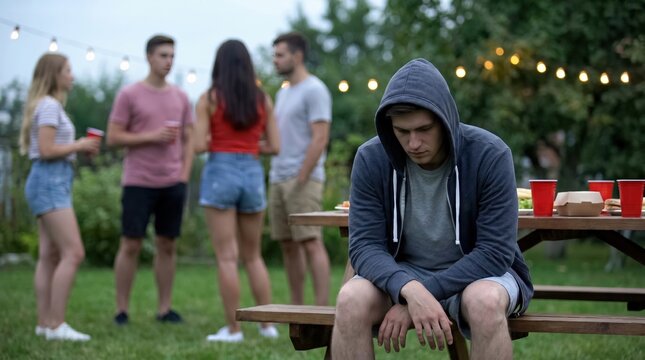 Lonely young man in hoodie sitting apart from friends at outdoor garden party, feeling social anxiety and depression in group setting