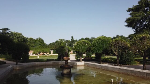 Landscape Pan of Retiro Park Parterre Garden Fountain Madrid Spain and Topiary Trees
