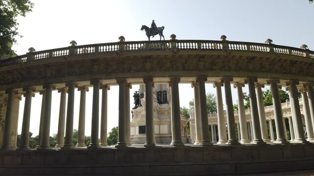 Madrid Spain Establish View of Retiro Park Alfonso XII Monument Semicircular Colonnade Columns and Statue
