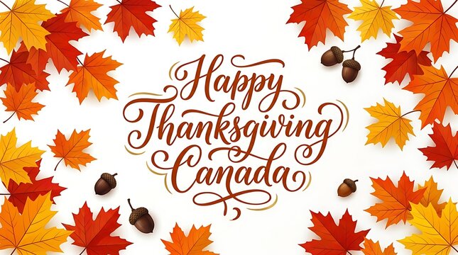 Happy thanksgiving canada with maple leaves and acorns festive greeting