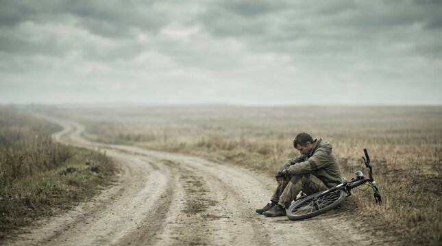 Depressed middle aged man sitting on a dirt road with bicycle in a desolate landscape representing loneliness and life journey challenges