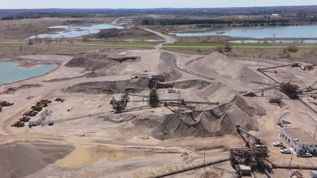 Mega Quarry Site With Conveyor System Machines At The Gravel Pit In Caledon Village, Ontario, Canada. Aerial Rotate Shot
