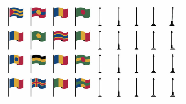 Collection of world flags and various black streetlight pole silhouettes.