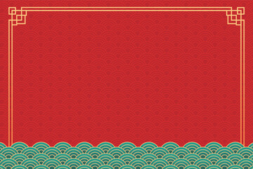 Festive gold chinese style border with red seamless wave pattern background for packaging and festival designs. © mei
