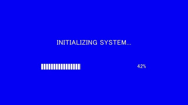 Retro TV screen showing initializing system message with loading bar on blue background, seamless loop