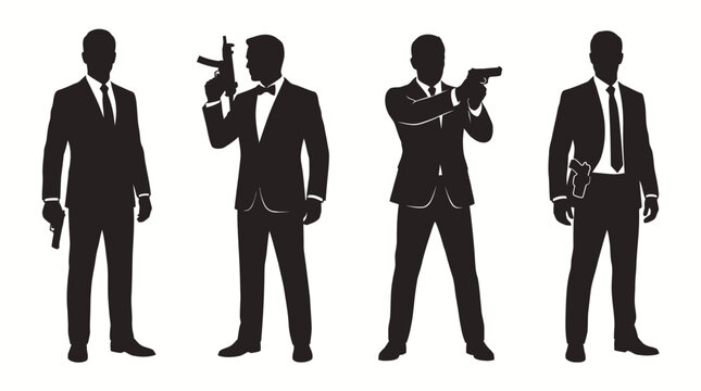Set of black silhouettes of secret agents and bodyguards in suits.