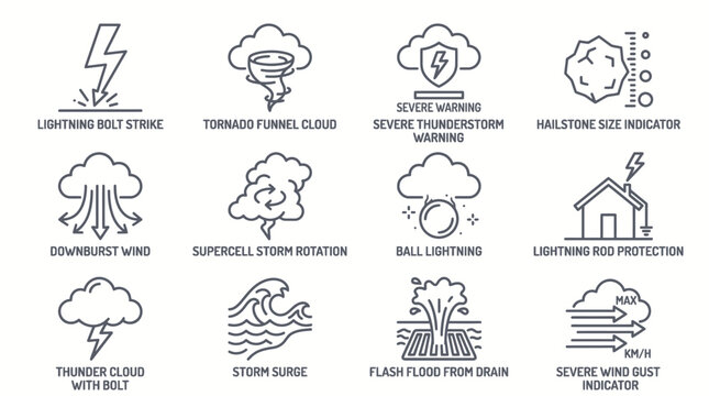 Set of line style weather icons featuring various storm phenomena and meteorological events.