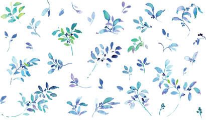 Fototapeta premium 水彩ブルーリーフのフレーム・背景素材セット Blue Watercolor Botanical Frame Collection Set