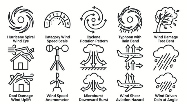 Set of weather icons representing hurricane and wind storm phenomena.