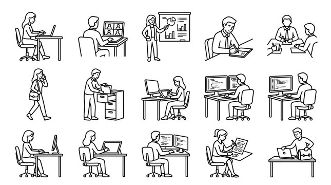 Set of office worker activities and business professionals doodle icons.