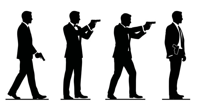 Silhouette collection of secret agent men in suits with handguns.