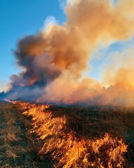Fototapeta premium A wide shot of a prescribed fire raging across a landscape, with flames licking at the ground and dark smoke rising into a bright blue sky, showcasing nature's power.