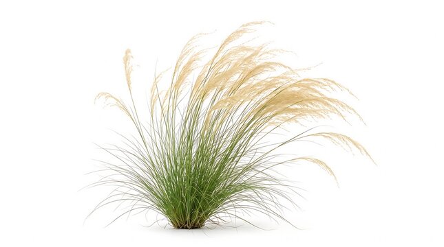 A graceful Mexican feather grass (Nassella tenuissima) with extremely fine flowing leaves and delicate golden seed heads, isolated on pure white background