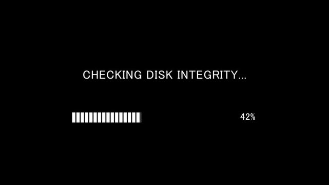 Retro TV screen showing checking disk integrity message with loading bar on black background, seamless loop