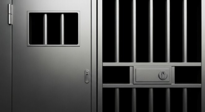 Close up of a modern prison cell door with steel bars and lock