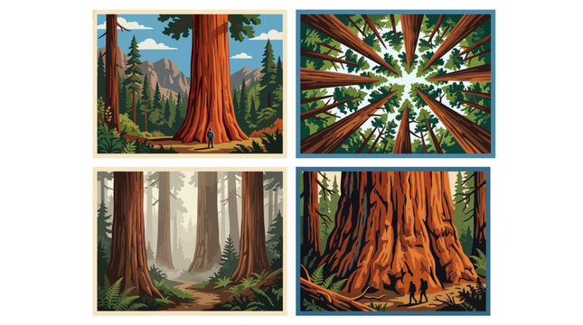 Set of four illustrative views of giant sequoia redwood forest landscapes.