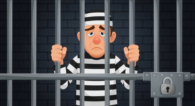 Sad cartoon prisoner character behind jail bars with a padlock on a dark brick wall background