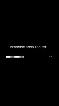 Vertical video of loading progress bar with on-screen text decompressing archive on black background