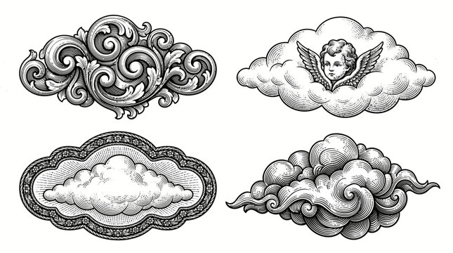 Set of decorative clouds and cherub in vintage engraving style.