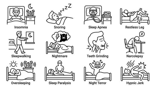 Set of sleep disorder icons showing common sleep problems and conditions.
