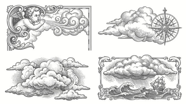 Vintage style hand drawn engraving set with clouds cherub and compass.