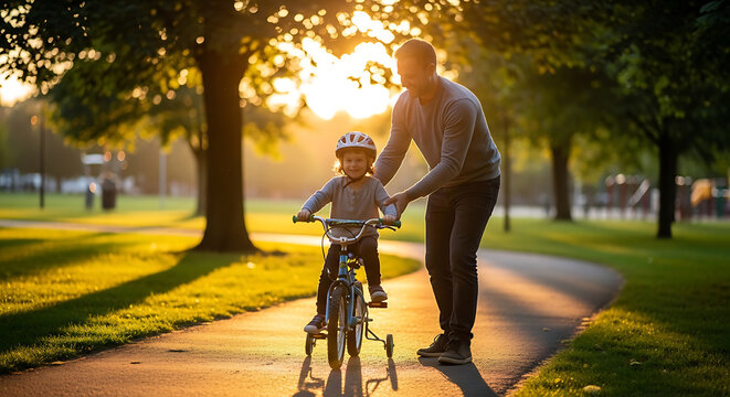 Father teaching child to ride bicycle during golden hour sunlight in park