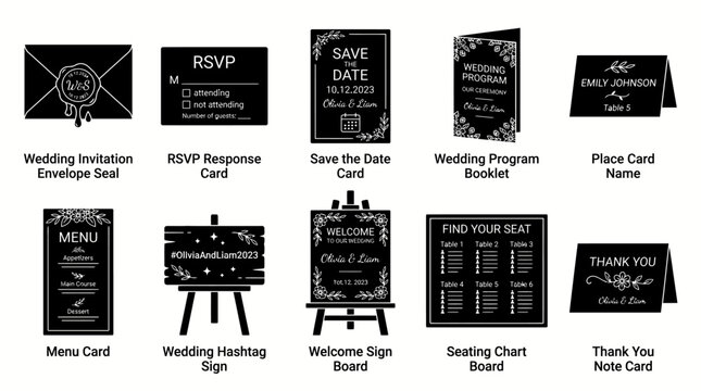 Set of ten black and white wedding stationery and event signage design elements.