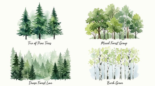Watercolor forest tree collection featuring pine woods and birch grove illustrations.