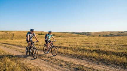 Fototapeta premium Active Caucasian couple cycling on mountain bikes along a rural dirt trail in a sunny grassy meadow landscape for fitness and travel