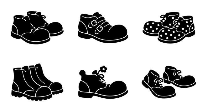 Clown Shoes Vector Icons, Whimsical Footwear Collection, Fun Character Boots Set