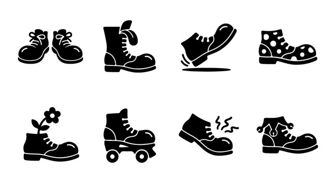 Whimsical Clown Shoes Vector Icons, Funny Footwear Graphics, Playful Boot Illustrations, Comedy Costume Elements