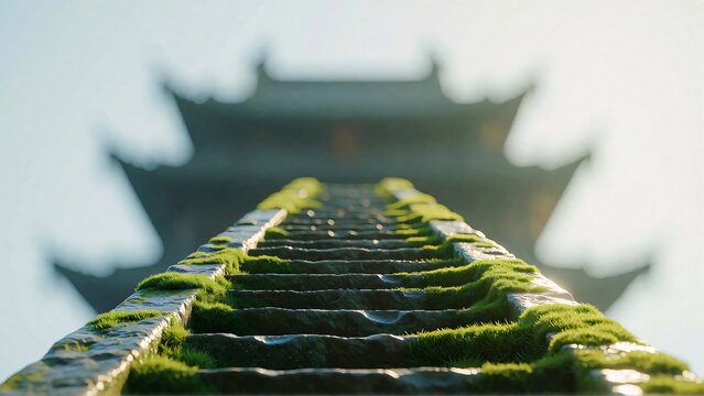 Moss-covered stone steps leading to temple