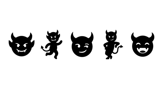 Black Devil Emoticons Vector Icons, Mischievous Character Faces, Spooky Halloween Symbols, Cartoon Demon Expressions