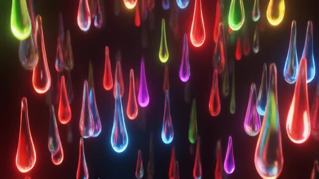 Neon glowing teardrop shapes in various colors. Colorful teardrop icons hanging down. Glowing multicolor teardrop vector graphics for tech and design projects.