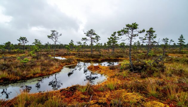 Vast Bog Landscape with Reflecting Water and Pine Trees Under Cloudy Sky.