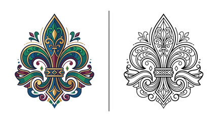 Ornate Fleur de Lis Design: Colorful Textured and Line Art Versions © Zeyi