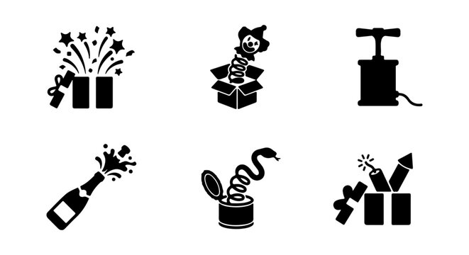 Surprise Gift Box Icons, Jack in the Box, Champagne Pop, Snake Can, Fireworks, Air Pump Vector Set