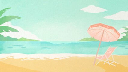 Fototapeta premium Summer Beach Scene with Pink Umbrella and Chair, Tropical Island View, Ocean Waves and Palm Tree