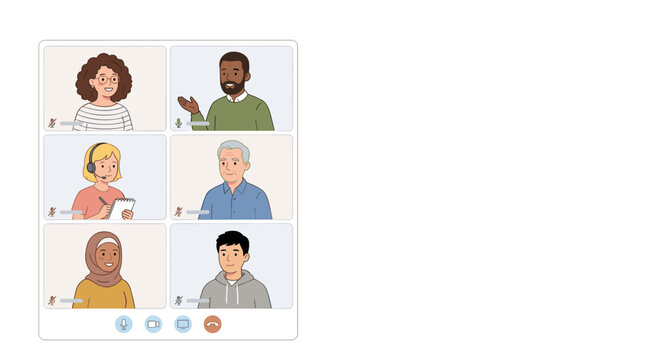 Diverse group of people participating in a video conference call with multiple participants shown in separate windows