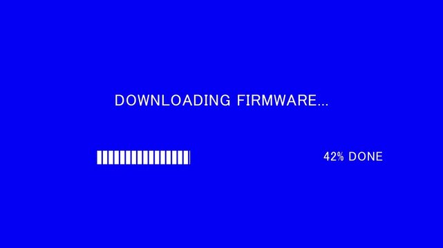 Retro TV screen showing downloading firmware message with loading bar on blue background, seamless loop