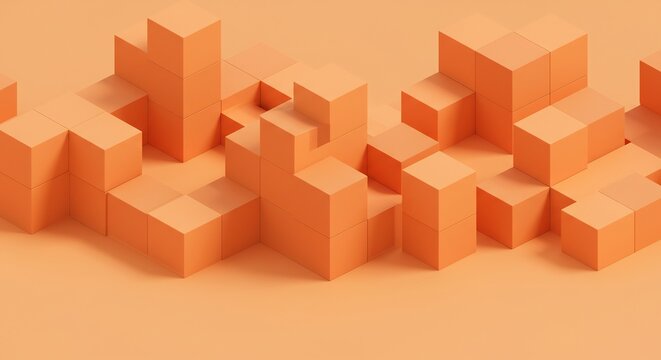 多方向に立体的に複雑に組み合わされた鮮やかなオレンジ色の3D幾何学ブロックが温かい光と深い影のコントラストで視覚的な奥行きを鮮やかに強調モダンで洗練された抽象的な背景を形成空間に豊かな表情と活気ある雰囲気を演出するデザイン. AI Generated