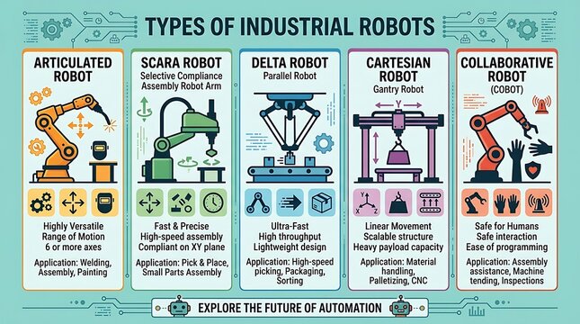 Industrial robot types infographic for automation and manufacturing