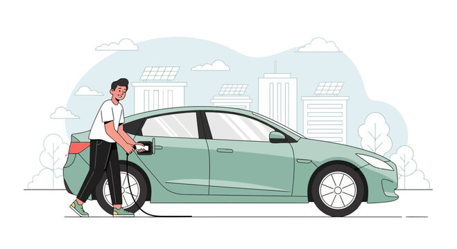 Man charging electric car with solar city background, illustration